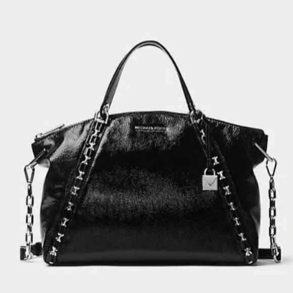 Michael Kors Sadie Satchel Tote Lg Soho Designer Patent Leather Moto Convertible - Picture 1 of 10